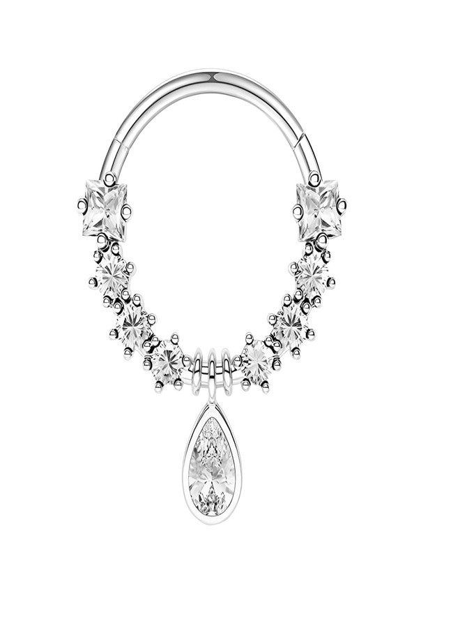 Decentraland 1 PC 16G Silver Diameter 10mm Elegant Dangle Nose Septum Ring 316L Stainless Steel with Clear Drop-Shaped CZ Hinged Segment Ring Cartilage Earrings Hoop Helix Tragus Piercing Jewerly for Women and Men - Image 1